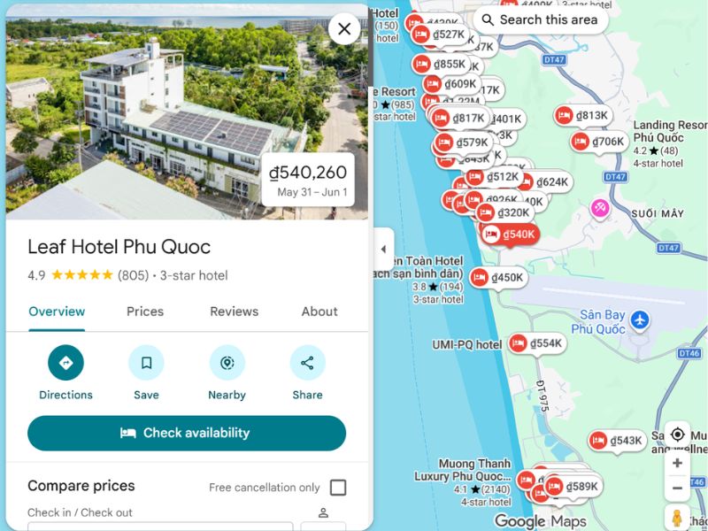 Dự án thực tế BlvckMap triển khai dịch vụ khách sạn lưu trú trên Google Map Phú Quốc